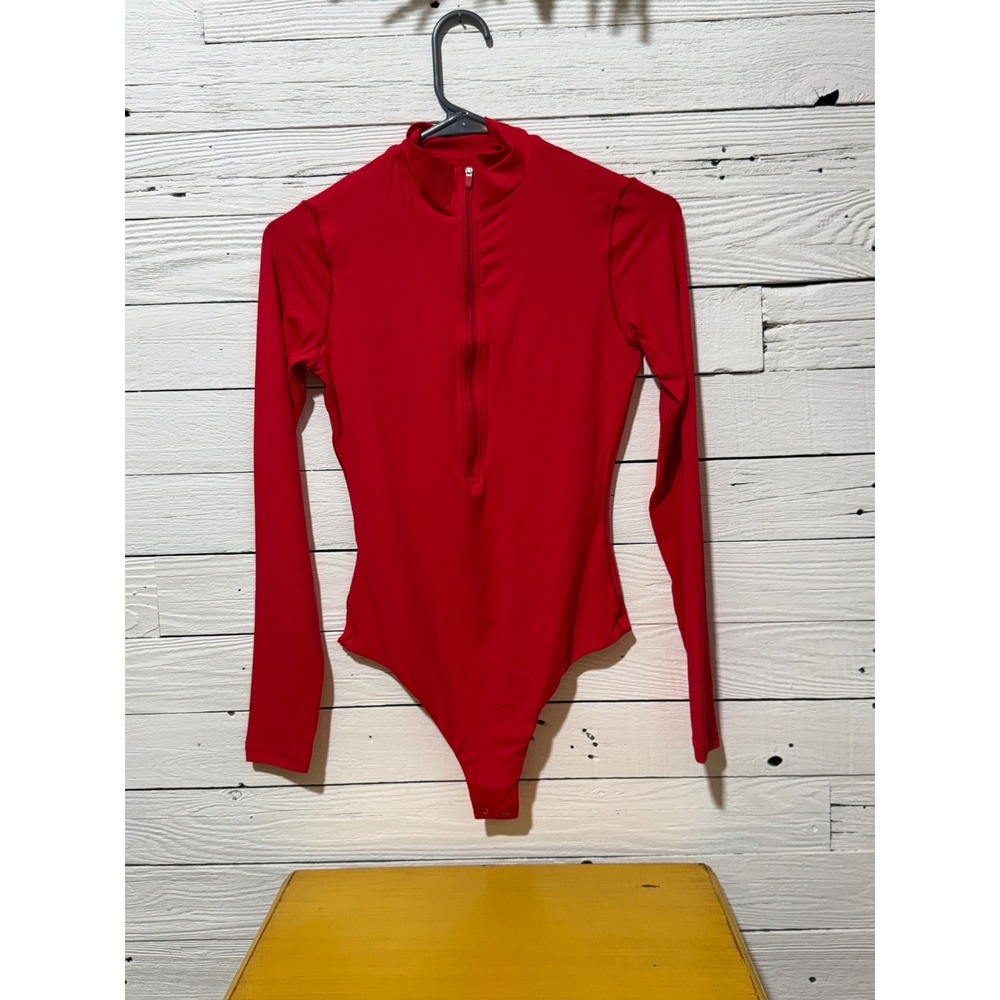 HYZ Womens Red Long Sleeve Half Zip Mock Neck Bodysuit Small Activewear Top